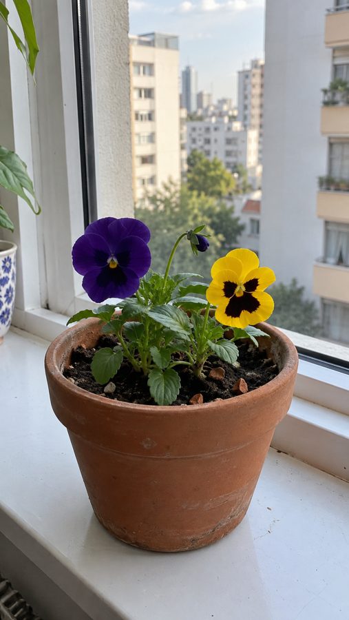 Vaso de barro com amor-perfeito roxo e amarelo na janela de um apartamento
