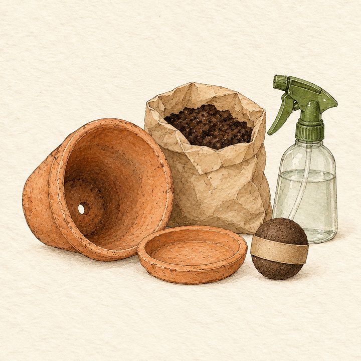 Ilustração: vaso de barro com furo, pratinho, saco de terra, borrifador e a bolinha com a etiqueta