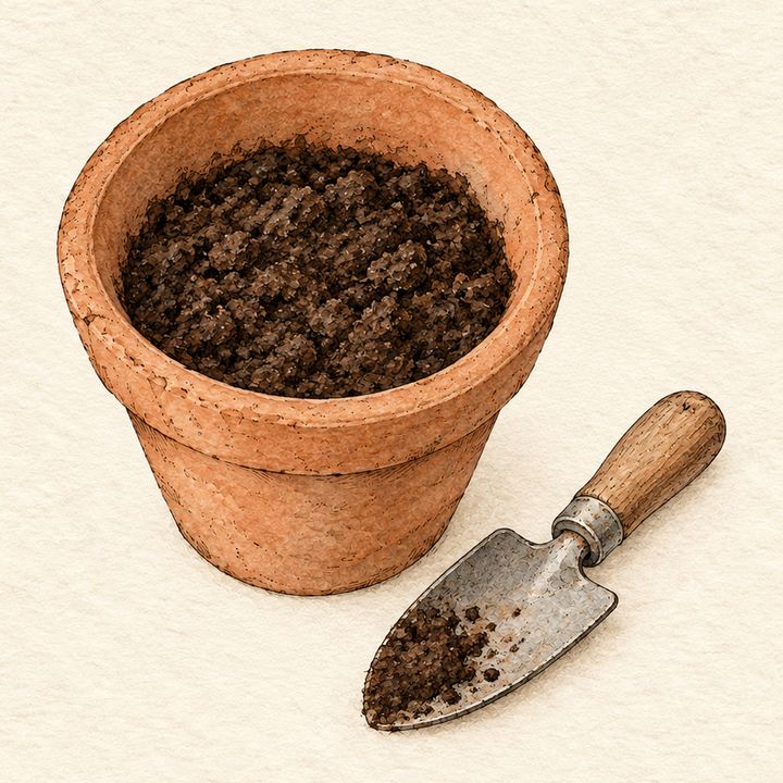 Ilustração: vaso cheio de terra fofa até 2 dedos da borda, com uma pazinha ao lado