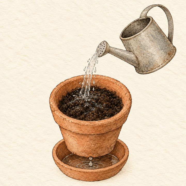 Ilustração: regador molhando a terra do vaso e a água pingando no pratinho