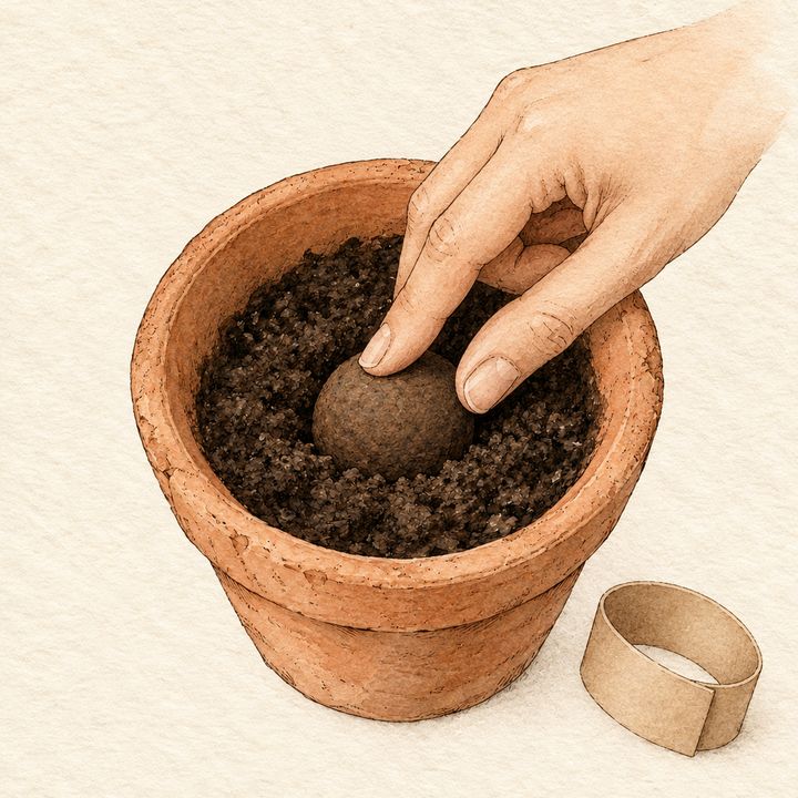 Ilustração: mão apertando a bolinha no centro da terra até a metade, com a etiqueta de papel ao lado