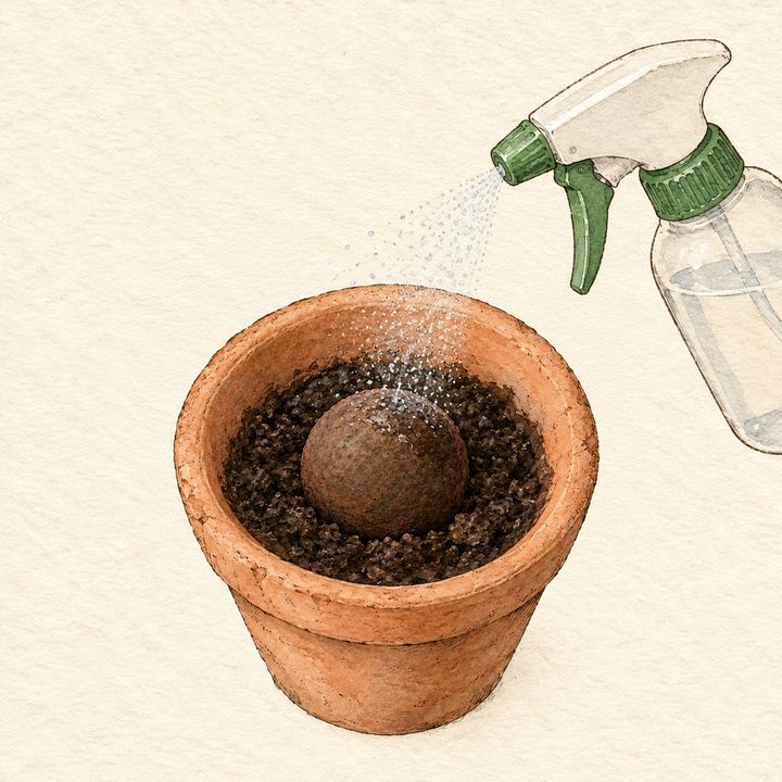 Ilustração: borrifador molhando a bolinha, que fica mais escura