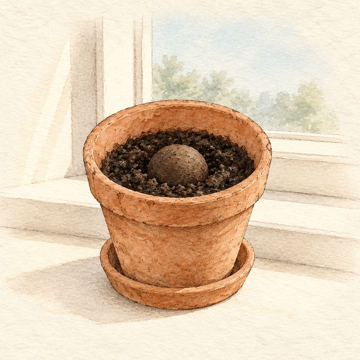 Ilustração: vaso com a bolinha na janela, pegando sol da manhã