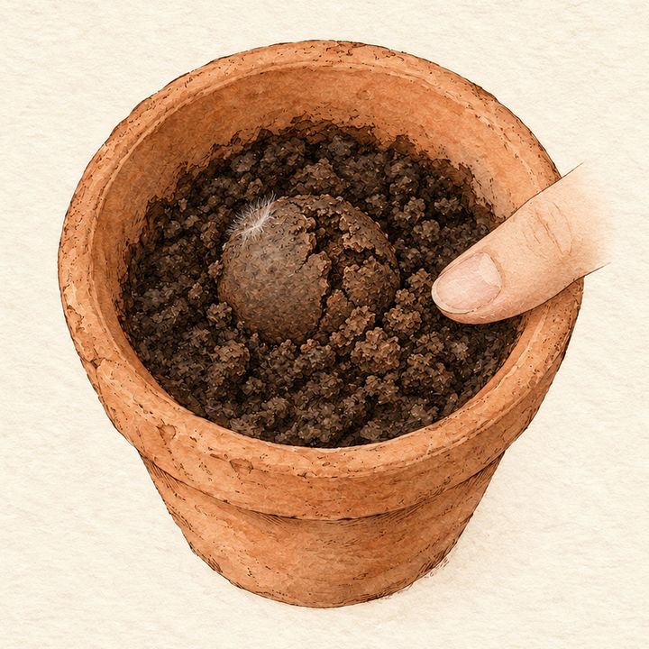 Ilustração: bolinha escura e rachada se desmanchando na terra, com um dedo testando a umidade