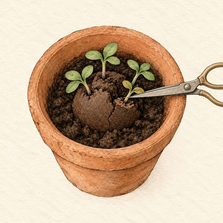 Ilustração: tesourinha cortando um broto rente à terra, deixando os mais fortes