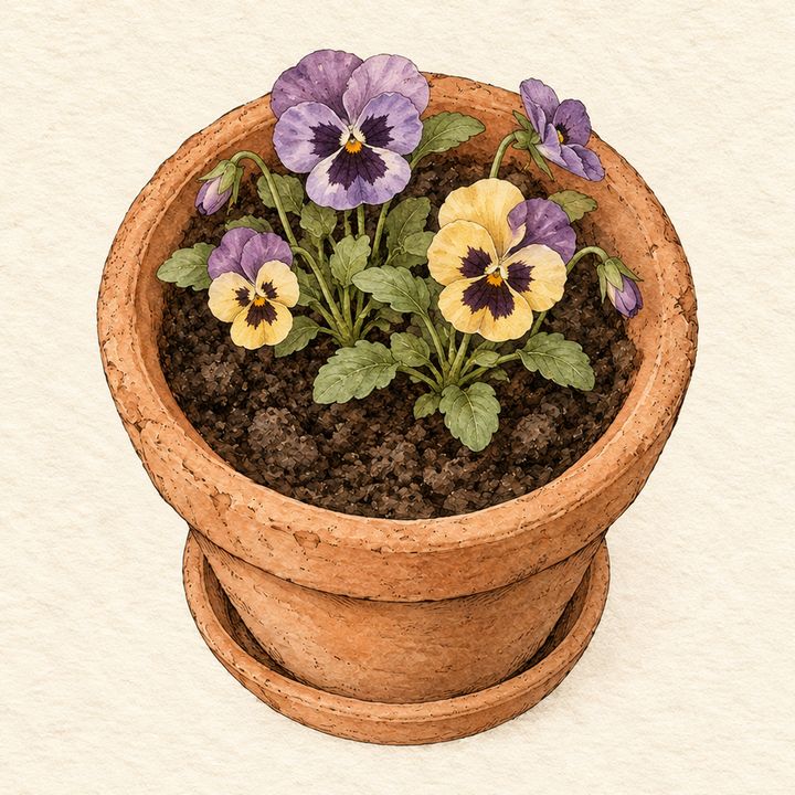 Ilustração: vaso com amor-perfeito florido, flores roxas e amarelas