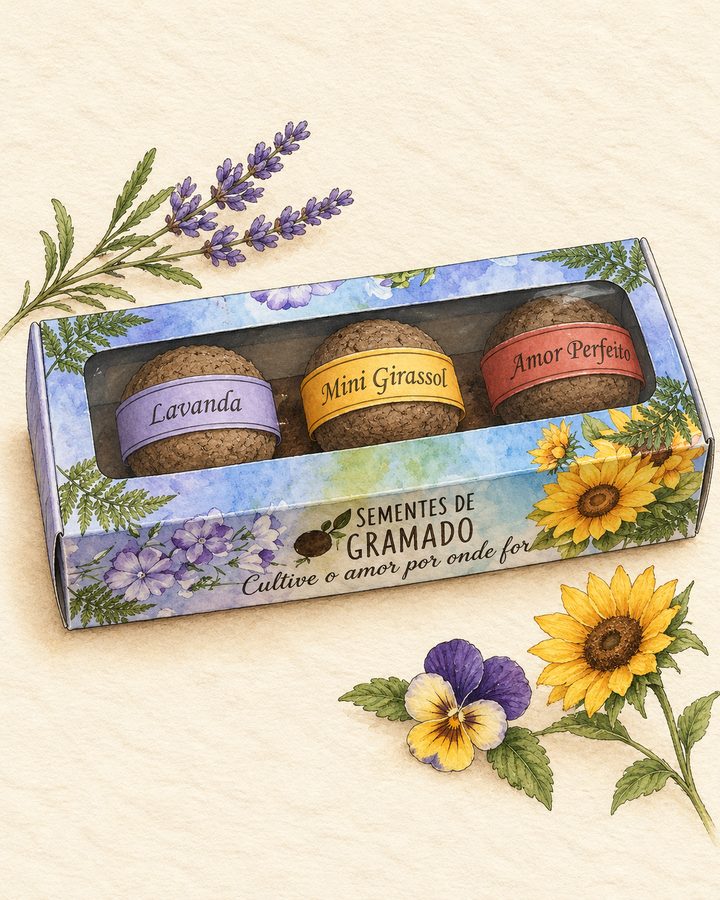 Ilustração da caixinha Sementes de Gramado com janela mostrando as três bolinhas: lavanda, mini girassol e amor-perfeito