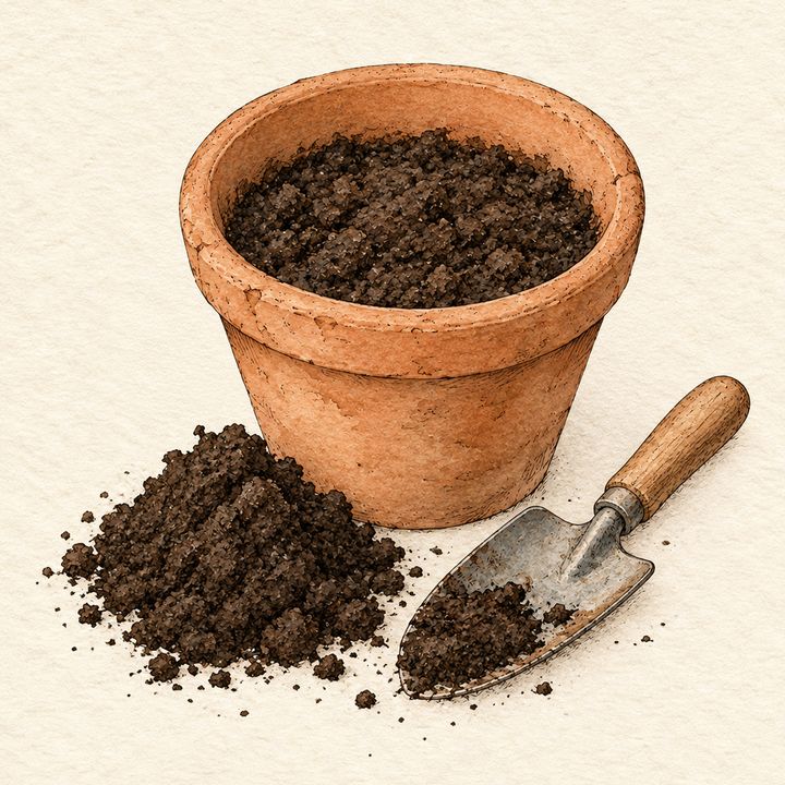 Ilustração: vaso grande cheio de terra fofa, com húmus e uma pazinha ao lado