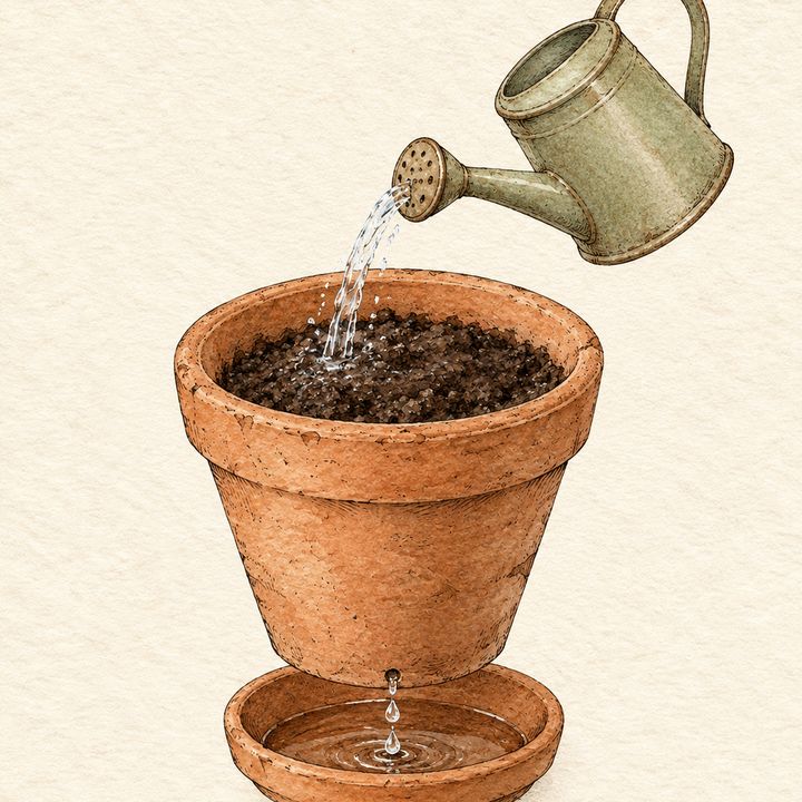 Ilustração: regador molhando a terra e a água pingando no pratinho