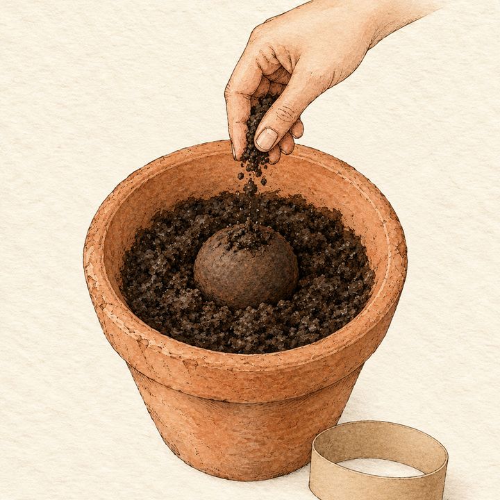 Ilustração: bolinha meio afundada na terra, com uma pitada fina de terra por cima