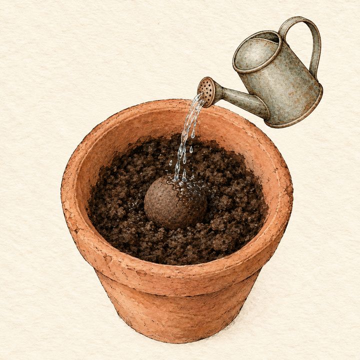Ilustração: regador molhando a bolinha, que fica mais escura