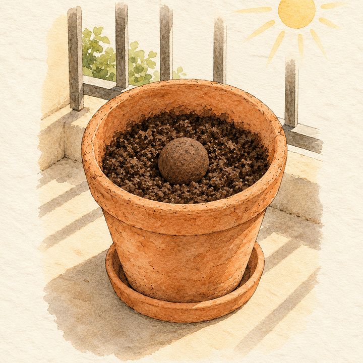 Ilustração: vaso grande numa sacada, debaixo de sol forte