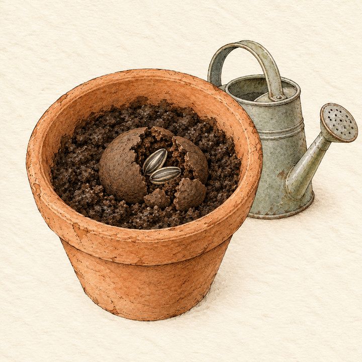 Ilustração: bolinha rachada mostrando sementes grandes e listradas de girassol, com o regador ao lado