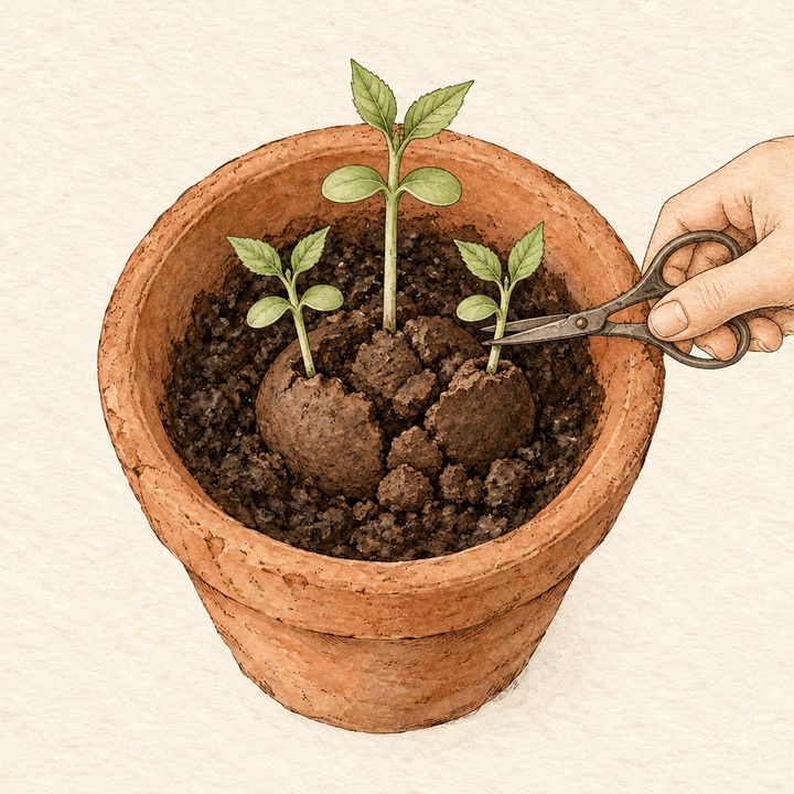 Ilustração: tesourinha cortando os brotos mais fracos e deixando só o mais forte