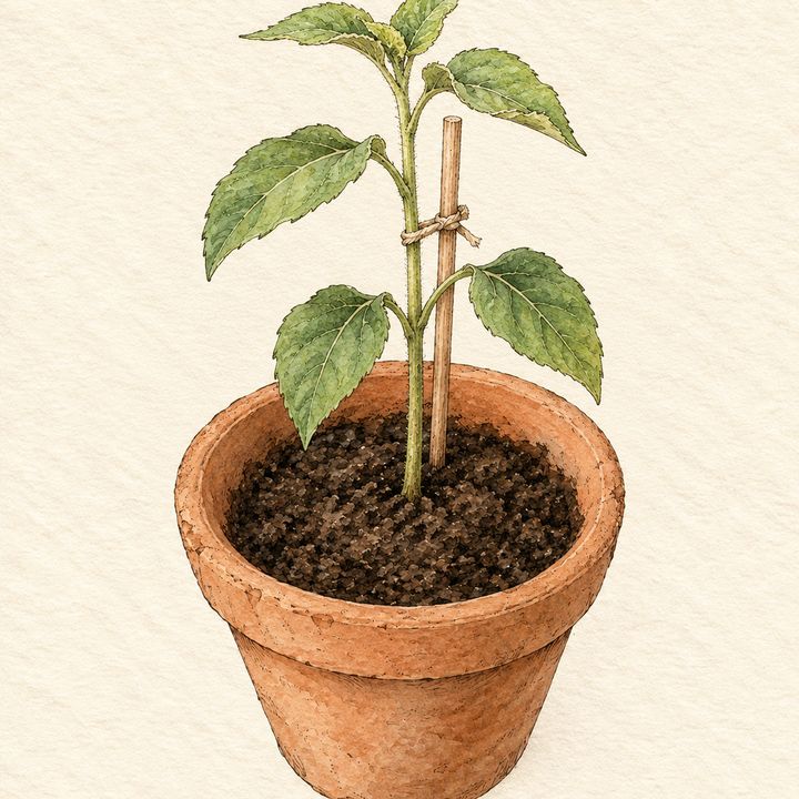 Ilustração: girassol jovem amarrado com barbante numa vareta