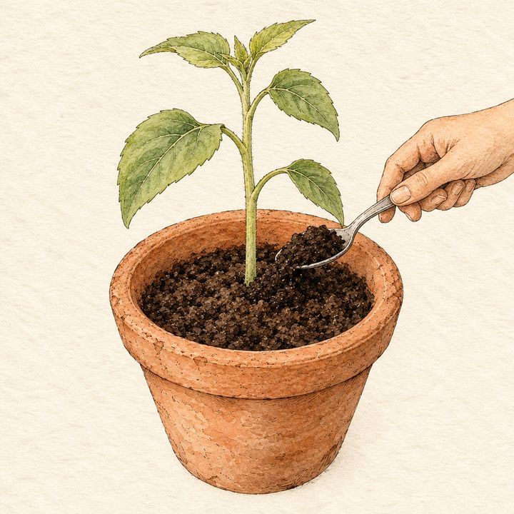 Ilustração: mão colocando uma colher de húmus na terra, ao redor do caule