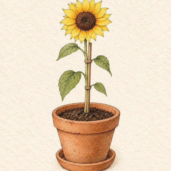 Ilustração: mini girassol com uma flor amarela aberta, amarrado na vareta