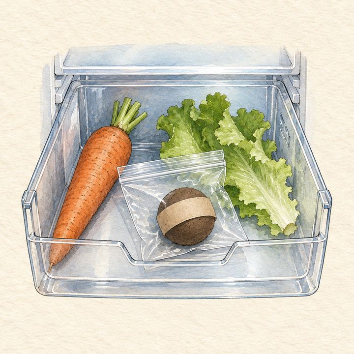Ilustração: bolinha com a etiqueta dentro de um saquinho fechado, na gaveta de legumes da geladeira