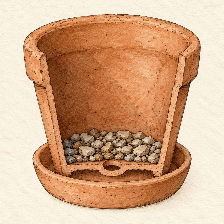 Ilustração: vaso de barro em corte, com uma camada de pedrisco no fundo
