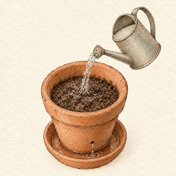 Ilustração: regador molhando a terra e a água pingando no pratinho