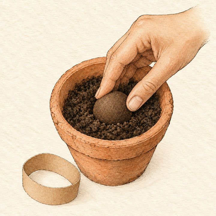 Ilustração: mão apertando a bolinha até a metade na terra, sem cobrir o topo