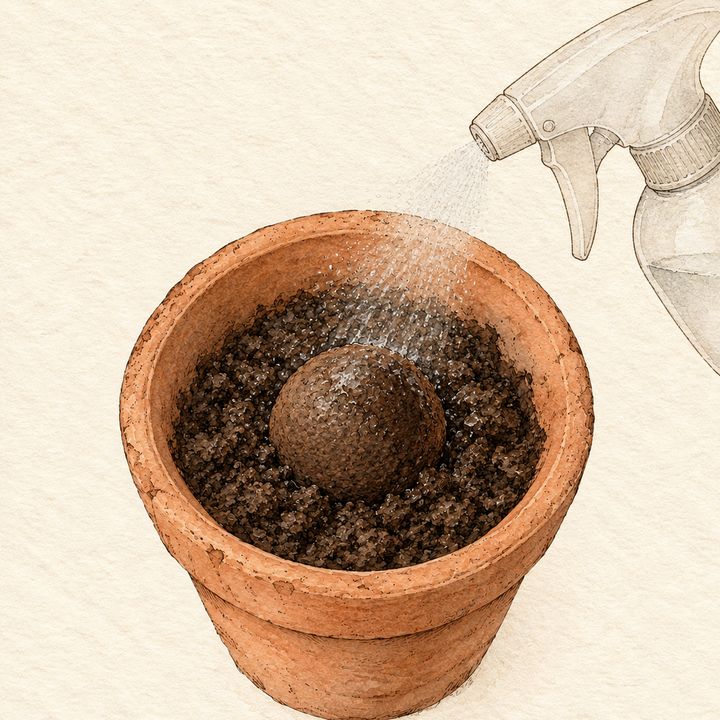 Ilustração: borrifador molhando a bolinha, que fica mais escura
