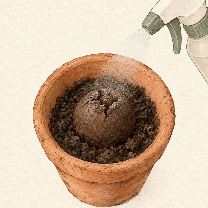 Ilustração: bolinha rachada e borrifador molhando só a superfície