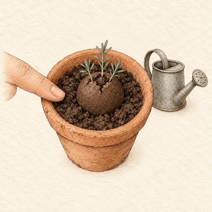 Ilustração: mudinhas de lavanda com folhas finas, um dedo testando a terra seca e o regador de lado