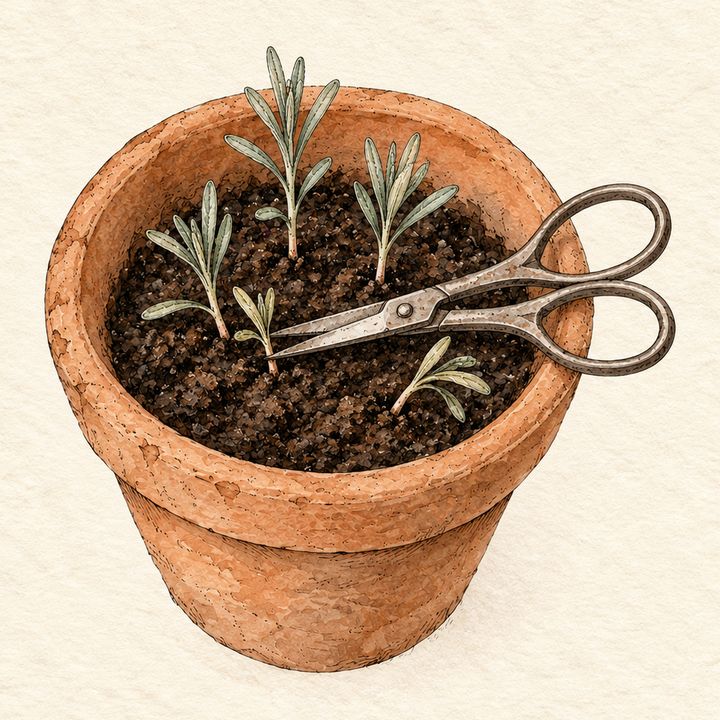 Ilustração: tesourinha deixando só as duas ou três mudas mais fortes