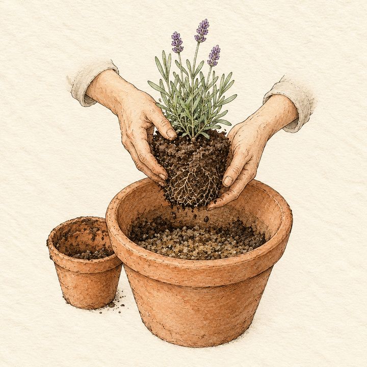 Ilustração: mãos passando a lavanda para um vaso bem maior