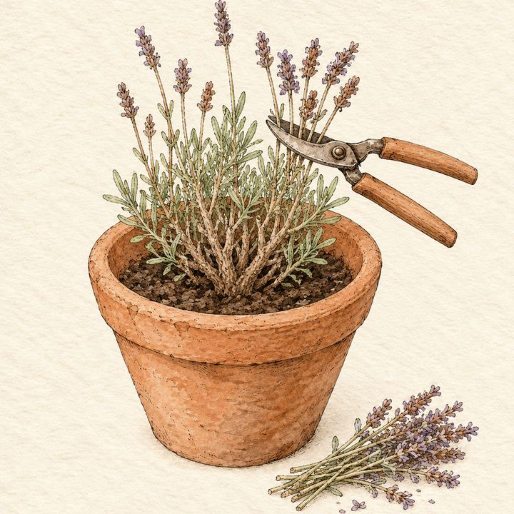 Ilustração: tesoura de poda cortando um terço da lavanda acima da parte lenhosa