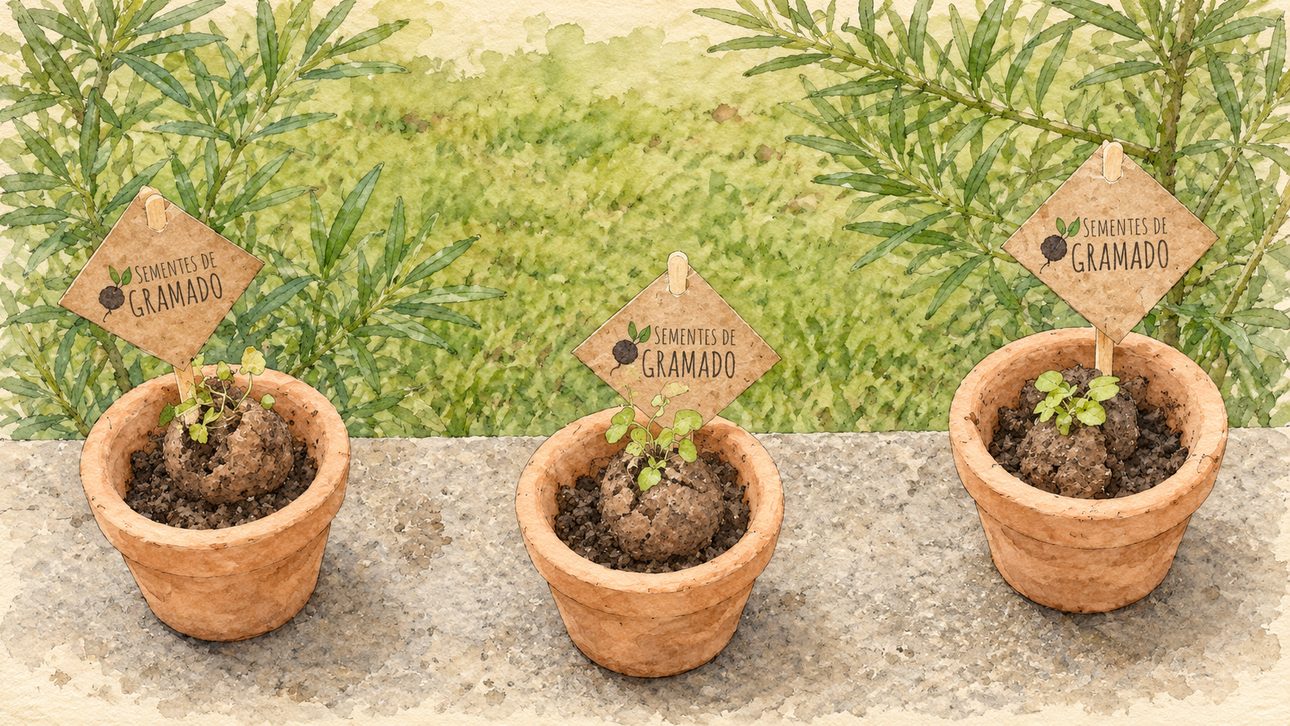 Ilustração de três vasinhos de barro numa mureta, cada um com uma bolinha brotando e a plaquinha Sementes de Gramado