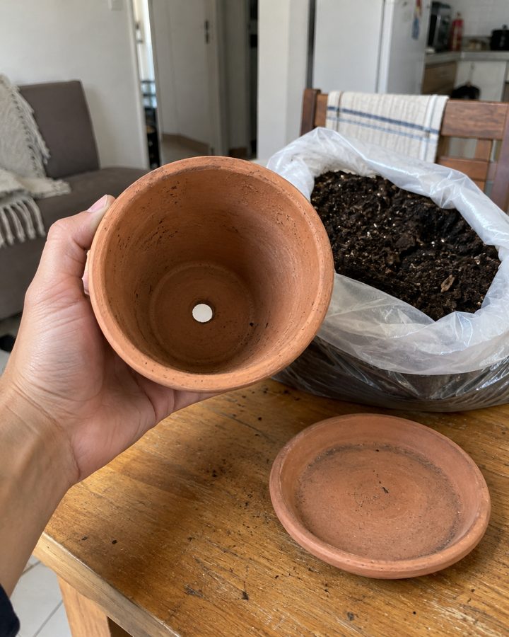 Vaso de barro com furo no fundo, saco de substrato e pratinho
