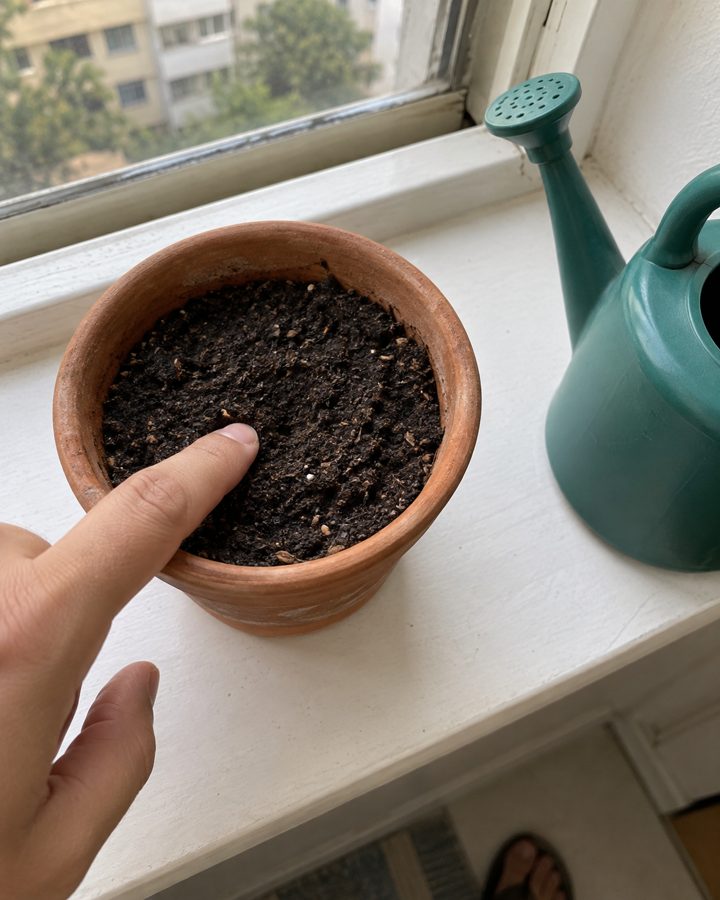 Vaso cheio de terra escura e úmida, com um dedo testando a umidade