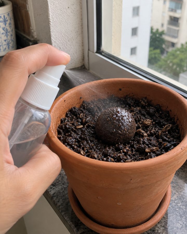Borrifador molhando a bolinha no vaso