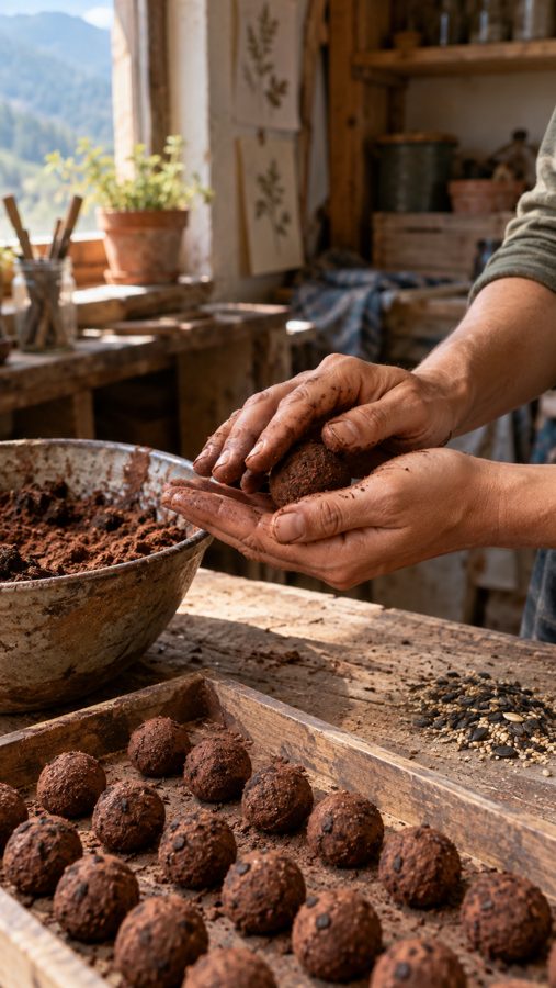 Mãos moldando uma bolinha de terra e sementes, com uma bandeja de bombas prontas ao lado