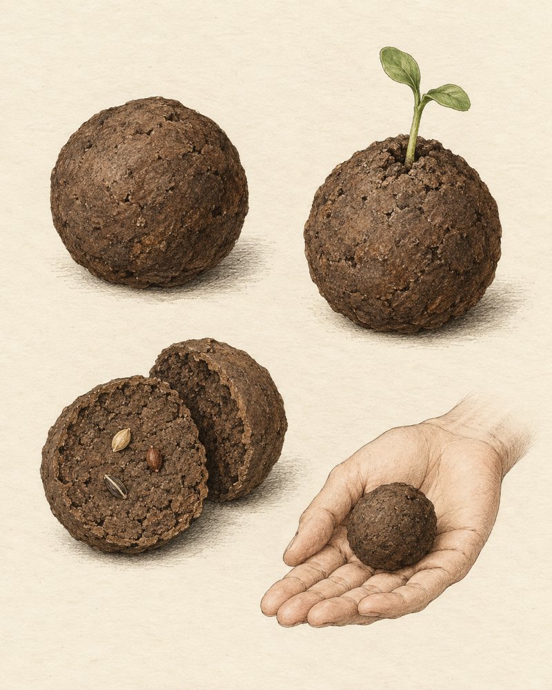 Gravura da bomba de semente: inteira, brotando, cortada ao meio mostrando as sementes, e na palma da mão