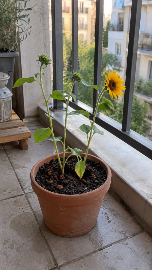 Mini girassol florindo num vaso de barro na sacada de um apartamento